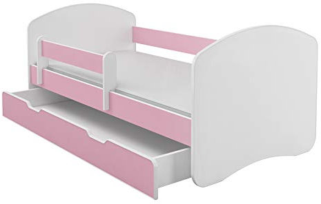 ACMA Kinderbett Jugendbett mit Einer Schublade und Matratze Weiß II (160x80 cm + Schublade, Rosa)