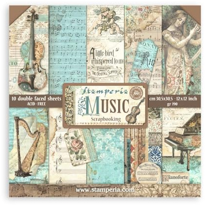 Stamperia - Scrapbook Paper Pad for Scrapbooking, Albums, Card Making, Bullet Journals, and More, Acid Free, Double-Sided, Perfect for Hobbies, Crafts, and Gifting (Music) (30.5 x 30.5cm)