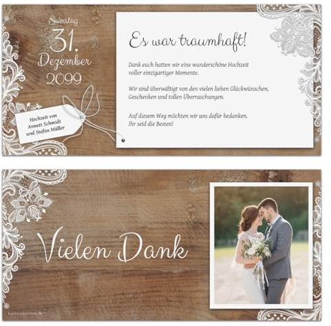 Kartenmachen.de Hochzeit Dankeskarten personalisiert ab 10 Stück Menge wählbar Danksagungskarten individuell mit Ihrem Text und Foto DIN Lang 99 x 210 mm - Rustikal mit weißer Spitze