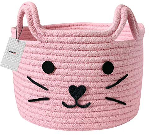 Inwagui Panier de Rangement en Corde de Coton Pliable Boîte de Rangement Motif de Chat Mignon Corbeille de Rangement pour Chambre d'enfant, Bébé Jouets, Accessoires - Rose
