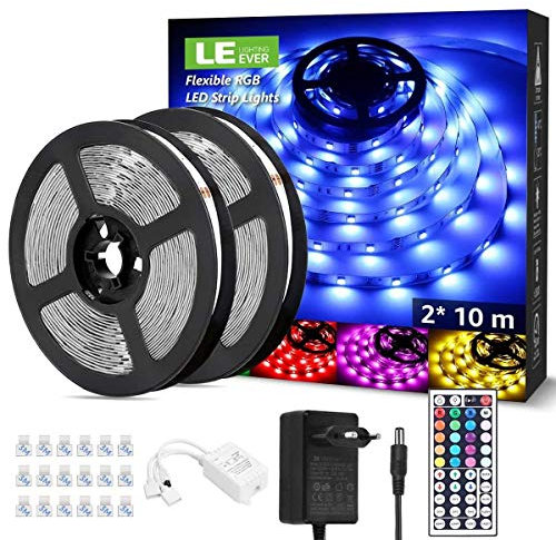 LE LED Strip 20M(2x10M), RGB LED Streifen Band, 5050 SMD 600 LEDs Stripes für Weihnachten, 12V Selbstklebend Lichtband mit Fernbedienung, Flexibel LED Leiste, Lichterkette für Haus, Party, Bar, TV