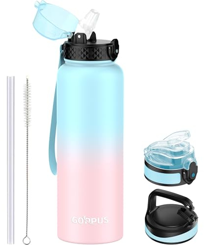 GOPPUS 1.2L/40oz Borraccia Inossidabile con Cannuccia Borraccia per Acqua Termica Fredda Borracce in Acciaio Doppia Parete Borracce Isolate Tenuta Stagna Borraccia per Adulti Flip Top con 3 Coperchi