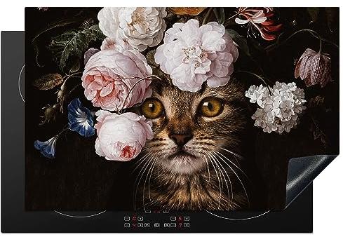 MuchoWow Herdabdeckplatte Ceranfeld Spritzschutz Küche Katze - Blumen - Kunst 81.2x52 cm Induktionsherd Abdeckung Induktionskochfeld Ceranfeldabdeckung