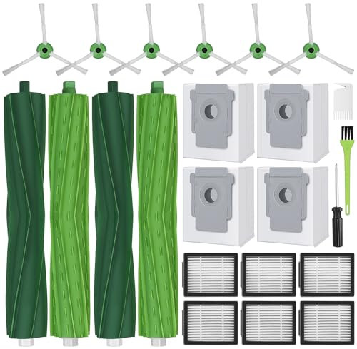 RUKHOOL Zubehör für iRobot Roomba i1+ i3+ i4+ i5+ i6+ i7+ i8+ j5+ j6+ j7 j8+ j9+ E5 E6 E7 Zubehörset Ersatzteile 4 Staubbeutel, 4 Hauptbürste, 6 Seitenbürsten, 6 Filter 1 Reinigungsbürste