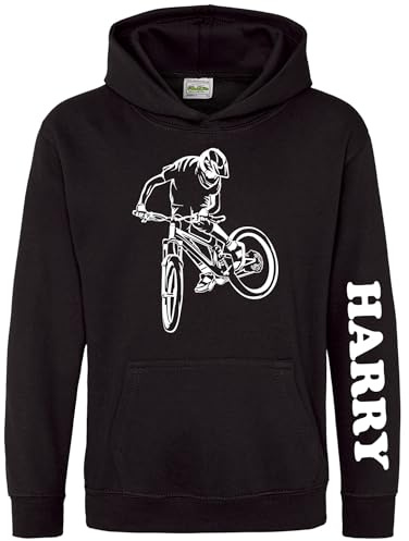 Purple Print House Personalised Mountain Bike Hoodie For Boys Cycling Bikes Off Hooded Jumper, 12-13 Years, Black