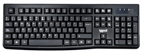 iggual – Teclado con Cable USB y Escritura Silenciosa, 105 Teclas con Disposición QWERTY en Español, Color Negro y Tamaño Estándar con 3 Indicadores LED, Compatible con Windows, Mac y Linux