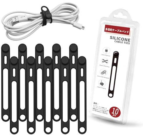 Viaky Silicone Cable Ties 10Pcs, Reusable Cable Straps Management Organizer, Elastic Wire Ties Cable Clip Cord Organizers for Earphone Cable, Charger, Computer, Audio Cable Bundling, Black