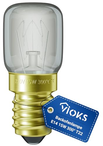 VIOKS Glühlampe E14 Glühbirne 15W 230V 300°C 22mmØ 48mm für Backofen | Leuchtmittel Lampe E14 Golden Licht, für Herd Mikrowelle T22 Kühlschrank