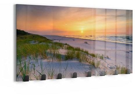 DEQORI Wandgarderobe Glas & Metall | Motiv Sonne sinkt über Ostsee | 60x30 cm | Design Haken-Leiste modern | Garderoben-Paneel für Flur, Wohnzimmer & Schlafzimmer | magnetisch & beschreibbar