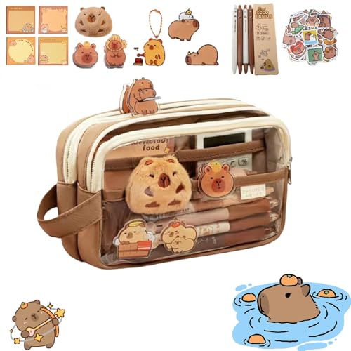 OUDIOHAI Aesthetic Pencil Case Capybara, Transparentes Capybara Mäppchen, Capybara Federmäppchen mit Großer Kapazität, Weit öffnendes mit Niedlichen Nadeln, Schulbedarf, Mehrschichtiges