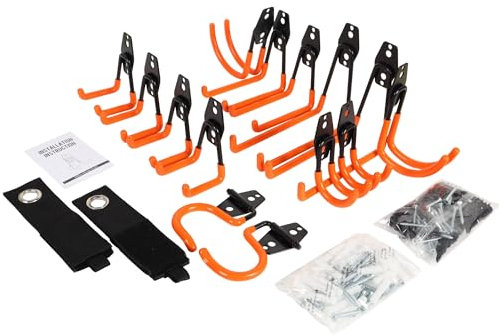 OrgMax 16 Pack Garage Hooks Heavy Duty, Utility Steel Garage Storage Hook with 2 Extension Cord Straps, Garage Wall Mount Hooks for Hanging Ladders, Bicycles, Garden Tools(Orange) (Orange)