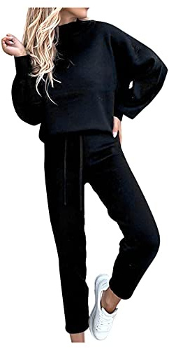 Generico Tuta da Donna Eleganti in Maglia Completo 2 Pezzi Lavorati Curvy Complete Pullover Maniche Lunghe e Pantaloni in Vita a Gamba Larga Tute Sportivi a Metà Autunno Coordinato di Lana Larghi