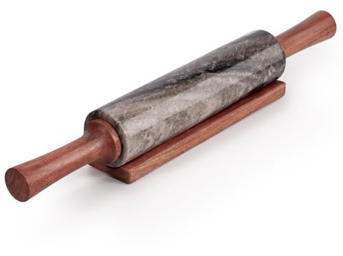 EHC Marble Rolling Pin for Baking with Acacia Wood Stand, Non-Stick Surface for Pizza Dough, Naan Bread and Pastry, Durable Kitchen Accessory, Perfect for Bakers & Chefs Tool - Natural Beige