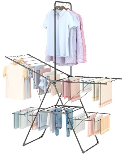 Innotic Clothes Airer with High Hanger, 2-Level Foldable Clothes Drying Rack Indoor Outdoor, 175CM Stainless Steel Large Clothes Horse, 6 Height-Adjustable Laundry Drying Rack (Grey)