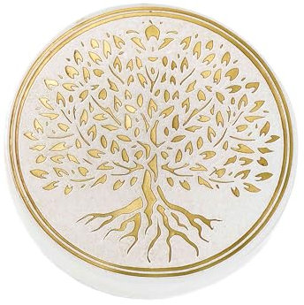 NKlaus Placa de selenita redonda de 7,5 cm con árbol de la vida en oro, mini placa de carga para piedras preciosas, decoración espiritual y meditación, símbolo de tierra y armonía 16609