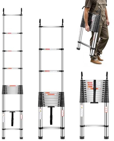 VEVOR Telescoping Ladder, 16.5ft Stainless Steel Lightweight Extension Ladder, Multi-Button Retraction Collapsible Ladders, 330LBS Capacity & Non-Slip Feet, Portable 13-Step Ladders for Home, RV, Loft