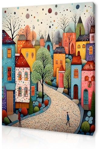 Qiukoo Framed Canvas Wall Art – Colourful Town Artwork, Waterproof Modern Print with Hook, Whimsical Wall Decoration for Living Room, Bedroom Pictures for Wall or Prints for Walls – 12x16 Inch