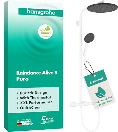 hansgrohe Raindance Alive S Puro - wassersparendes Duschsystem (EcoSmart) mit Thermostat, Regendusche (300 mm) mit Armatur, Handbrause, Schlauch, Brausestange und runder Kopfbrause, Mattweiß, 24593700