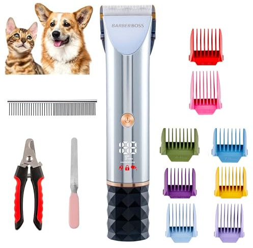 BarberBoss Professionelles Hundepflegeset, Hundeschermaschine Kabellos Geräuscharmes Schermaschine für dickes Fell Keramikklingen 8 Führungskämme Wiederaufladbar mit USB-Aufladung LED-Display
