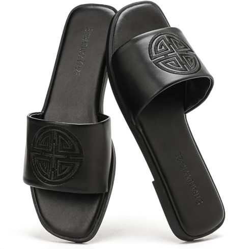 Stratuxx Kaze Womens Dressy Flat Sandals Memory Foam Comfy Slide for Summer | Cute Leather Beach Sandals for Women Outdoor Elegant Black Sandals 2026
