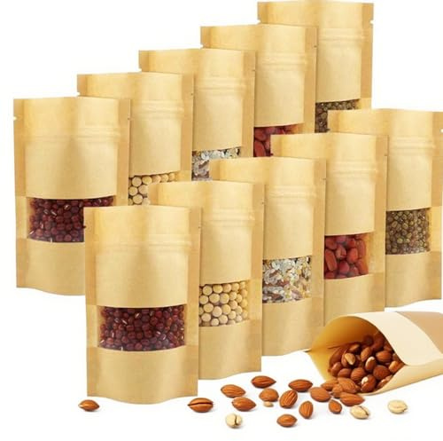 150 Sachets Kraft Alimentaires 7x14cm avec Fenêtre Transparente, Emballage Alimentaire Étanche en CPP, Pochette Kraft Naturelle pour Bonbons, Café & Épice