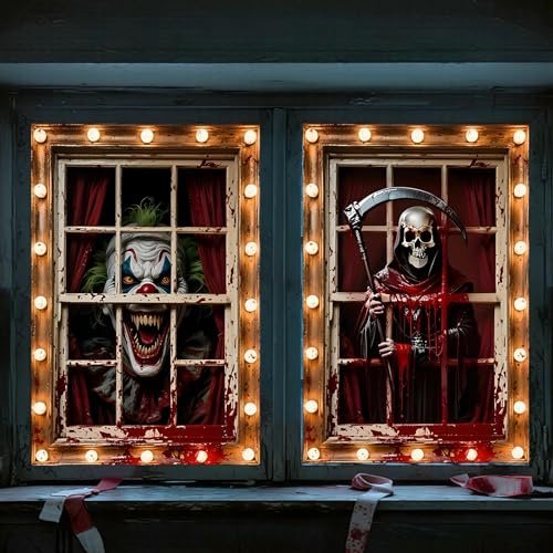 Shyllin Halloween Decorazioni Finestre, Spaventoso Striscione Halloween Decorazioni per Finestre Porte Casa Stregata, Tenda Porta Horror Fantasma per Addobbi di Halloween-120x80cm (Clown-Scheletro)