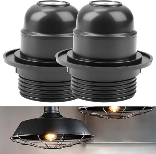 2PCS E27 Lamp Holder Edison Screw,ES E27 Light Fitting Bulb Holder Table Kit,Pendant Socket Bakelite with Shade Lampshade Ring Adapter,Edison Retro Style Screw for Ceiling Pendant Light Fittings Parts