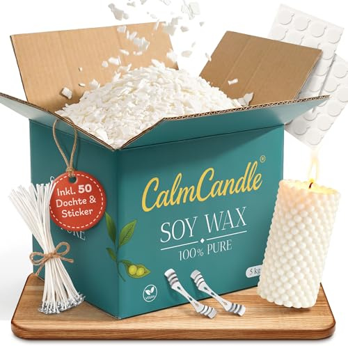 CalmCandle 5 kg Premium Sojawachs inkl. 50 Dochte, 50 Klebesticker & 2 Dochthalter – 100% pflanzlich & weiß | 5kg Kerzenwachs zum Kerzen selber Machen | DIY Wachs zum Kerzen Gießen (5 kg)