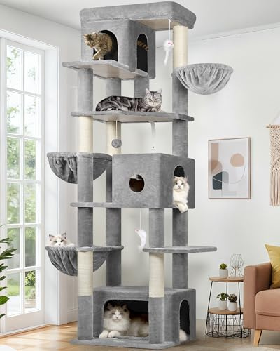 Globlazer F80F Kratzbaum Große XXL 204 cm Stabil für 3-5 Erwachsene Katze | Luxus Katzenbaum mit 3 Katzenhaus, 2 Große Plattformen,3 Weich Katzenkorb für 3-5 Erwachsene Katze Ausruhen Spielen Kratzen