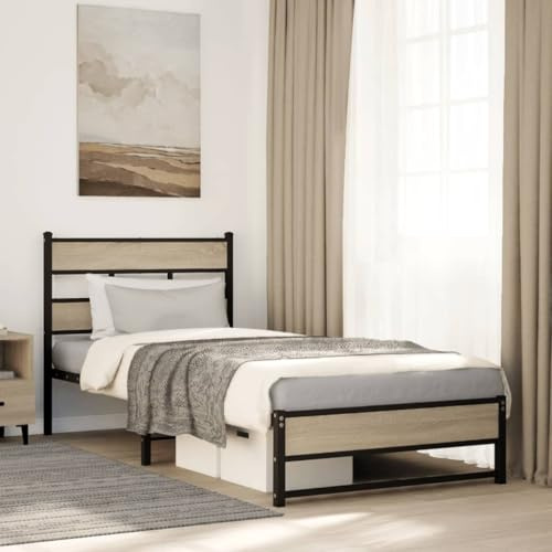 QJBSAVVA Metallbett Sonoma-Eiche 207x112x91,5 cm ohne Matratze, Robustes Bettgestell mit Kopfteil & Stauraum, Jugendbett für Schlafzimmer & Gästezimmer