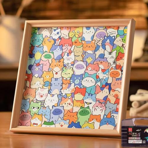 DIY Wooden Cat Puzzle Frame,Little Kitties - Wooden Coloring Puzzle, Hand-Painted Cat & Kitten Coloring Frame, Includes Marker Pens, Stress-Relieving,Creative Activity(with 12 Pens)