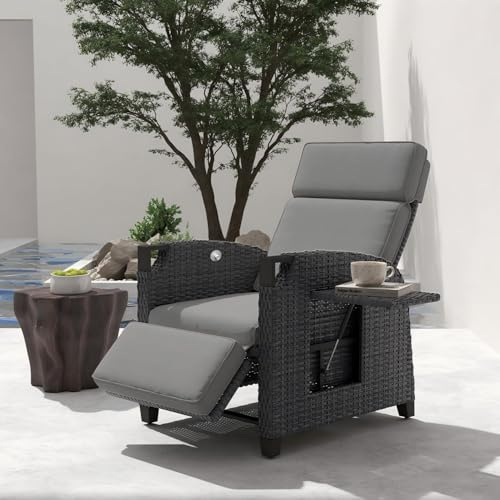 UDPATIO Liegesessel mit Sitzkissen Gartensessel Wetterfest 150° Verstellbare, Rückenlehne Rattan Sonnenliege mit Beistelltisch für Innen, Außeneinsatz- Grau Sitzkissen & Dunkelgrauer Rattan