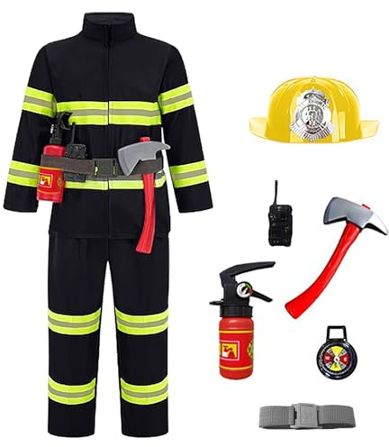 Genérico Disfraz de Bombero para Niños, 8Pcs Tops Pantalones Sombreros y Accesorios Set de Juego de rol de Bombero para Disfraces Carnaval Halloween 1-16 Años
