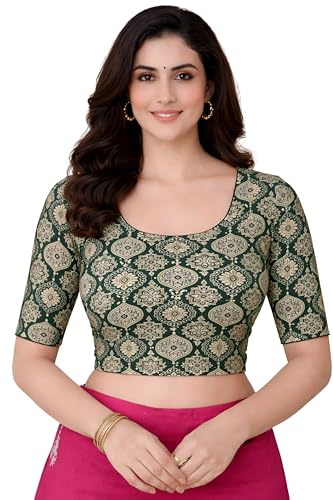 Jaanvi fashion Women's Round Neck Pure Cotton Dobby/Kalamkari Ajrakh Elbow Sleeve Stretchable Readymade Saree Blouse