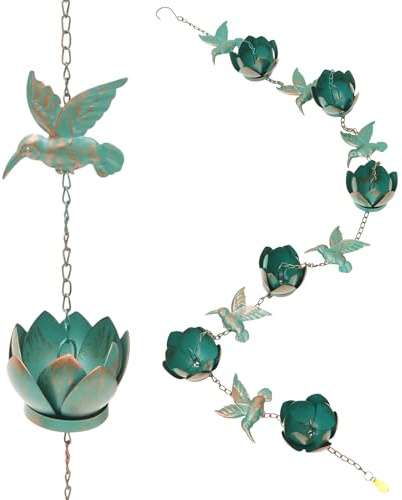 8.2ft Rain Chain for Gutter Decorative Metal Hummingbird Rain Catcher | 2.5m Rust-Resistant Water Diverter with 6 Large Flower Cups for Gutter Downspout Garden Yard Decor