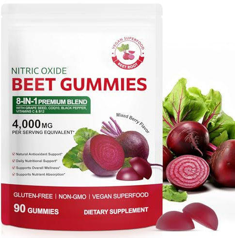 Beet Root Gummies, 90 Count | 8 in 1 Beet Root 4,000mg, Grape Seed Extract, Nitric Oxide Support Complex with CoQ10, Vitamin B12 & Vitamin C
