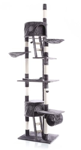 Wiltec Arbre à Chat XXL - 240-260 cm de Hauteur Plafond réglable - Design avec Échelles - Meuble grattage félin Peluche - Couleur Gris foncé - Griffoir Grattoir avec Maisonnettes, sisal et niches