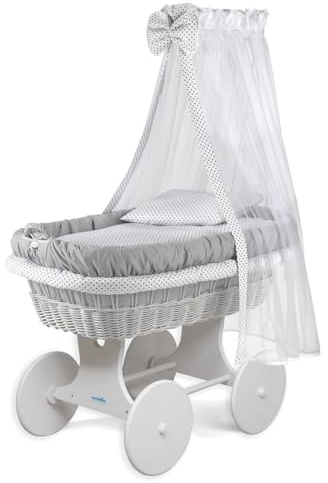 waldin Stubenwagen XXL Baby Komplett aus Weide Zertifiziert EN 1130 | Großer Babywagen XXL mit Weidenkorb Handgemacht Himmel Matratze Bettwäsche Holzgestell Lackiert Leise Räder