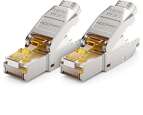 deleyCON CAT 6a Netzwerkstecker RJ45 werkzeuglos 10 Gbit/s, 2 Stück | Geschirmter Netzwerk Stecker für starre Verlegekabel, Rohkabel, Steckverbinder RJ45 Ethernet LAN DSL Patchkabel
