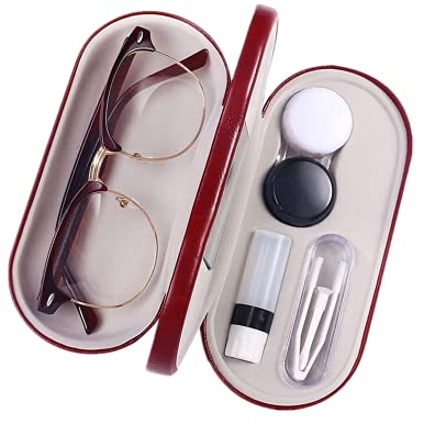 Green travel 2 in 1Etui für Brillen und Kontaktlinsen,Doppelseitiges Brillenetui mit Spiegel, Kontaktlinsenbehälter Lesebrillen Kontaktlinsenzubehör,Rot