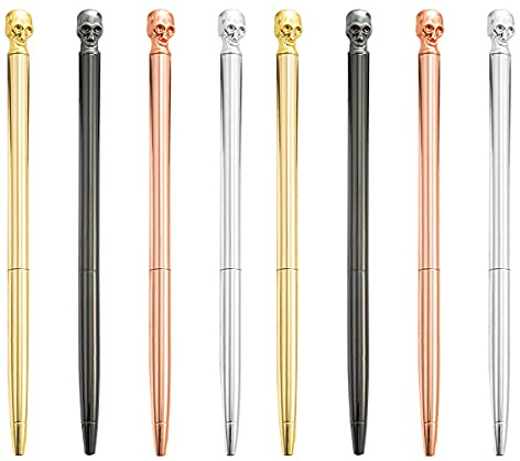 SIPLIV Juego de 8 bolígrafos de metal con tinta negra, juego de bolígrafos delgados metálicos brillantes para decoración de bodas, fiestas, oficina, suministros escolares, forma de calavera