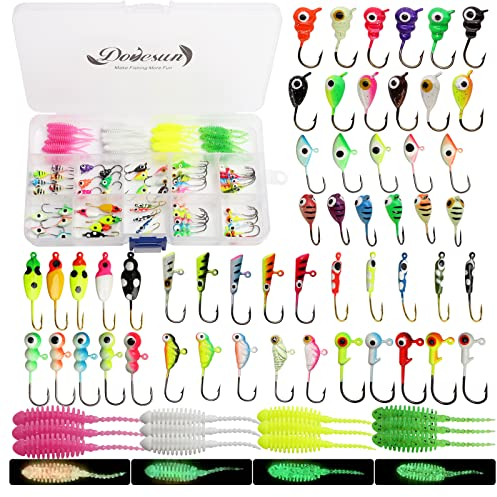 Dovesun Eisangel-Jig-Set, EIS-Angelköder, leuchtet im Dunkeln, Jigköpfe/weiche Köder, Fsih-Haken, Walleye, Crappie-Jig-Set, 93-teilig