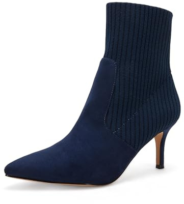 Coutgo Women's Pointed Toe Ankle Boots Stiletto Kitten Heel Knit Faux Suede Winter Sock Booties, Navy, 5.5 UK