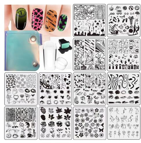 VNC 15Pcs Nail Stamping Plates Set 12pcs Nail Plates 1 nail art stamper 1scraper 1storage bag Nail Art plate Template Image Plate Stencil Set