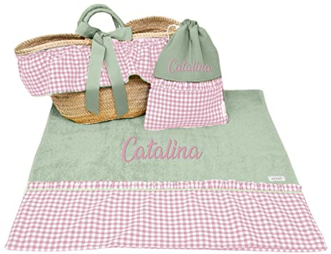 Capazo Mimbre, Toalla de Playa, Bolsa bañadores Personalizado para niña - Conjunto piscina infantil con nombre - 3 piezas (Vichy Rosa maquillaje/Verde empolvado)