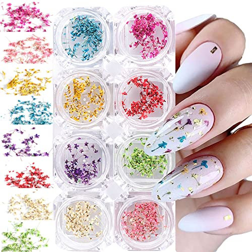 8 Boxen Getrocknete Blumen für Nägel, 8 Farben Nail Art Aufkleber Kit, Zubehör Set für DIY Nageldekoration