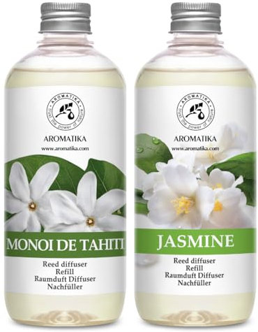 Raumduft Nachfüllflasche Monoi de Tahiti & Jasmin 2x500 ml - Raumerfrischer - Frischer und Langanhaltender Raumduft - Aroma Diffuser - Aromatherapie - Reed Diffuser Refill
