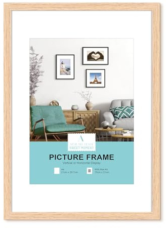 ATOBART Cadre photo A4 - En bois de chêne - Avec passe-partout - Pour impression A5 - Cadre pour diplômes et posters - Avec plexi-glass - Pour montage mural - 21 x 30 cm - 1 pièce
