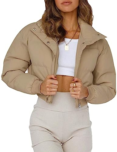 Gihuo Women' s Cropped Puffer Jacket Padded Long Sleeve Bubble Coats Winter Warm Puffy Outerwear(Khaki-M)