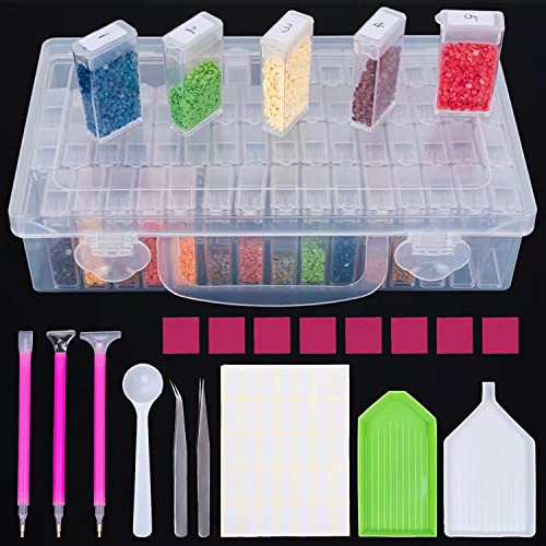 DONQL Diamond Painting Zubehör Boxen, 64 Stück Diamond Painting Set, Diamant Malerei Werkzeuge Kits Diamant Stifte Zubehör mit Stift, Pinzette, Taschen, 8PCS Klebeton, Tablett